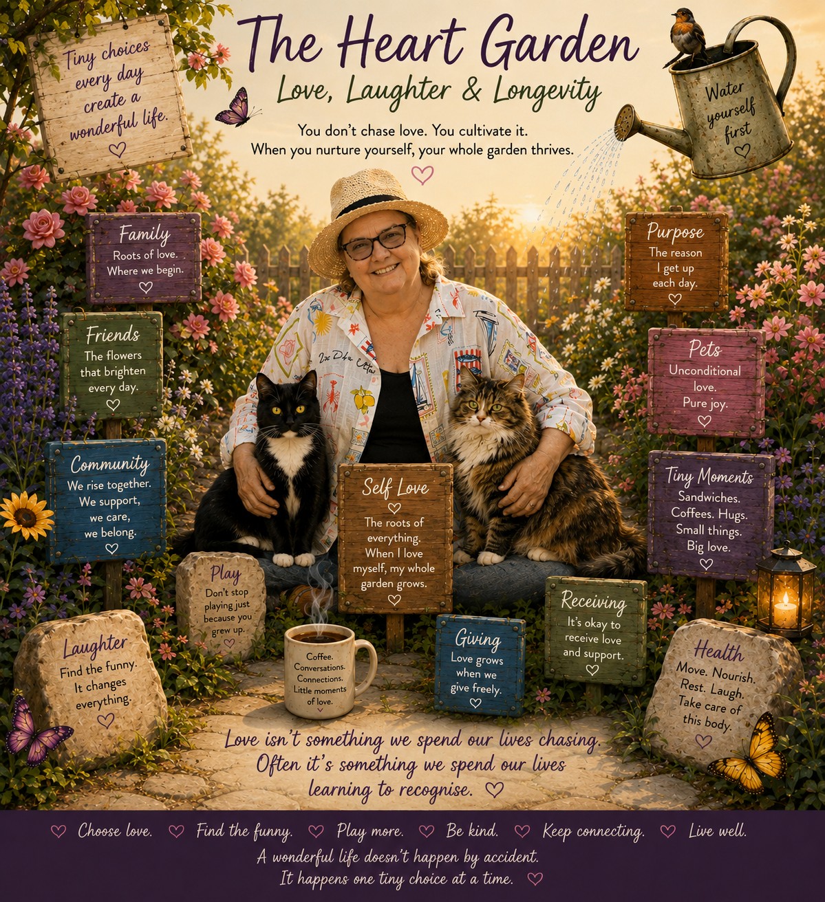 The Heart Garden™, an illustrated garden scene of Jo-Dee Walmsley with her cats Gizmo and KitKat, a robin, wooden signs reading Family, Friends, Community, Purpose, Pets, Tiny Moments, Self Love, Giving and Receiving, and stepping stones reading Play, Laughter and Health.